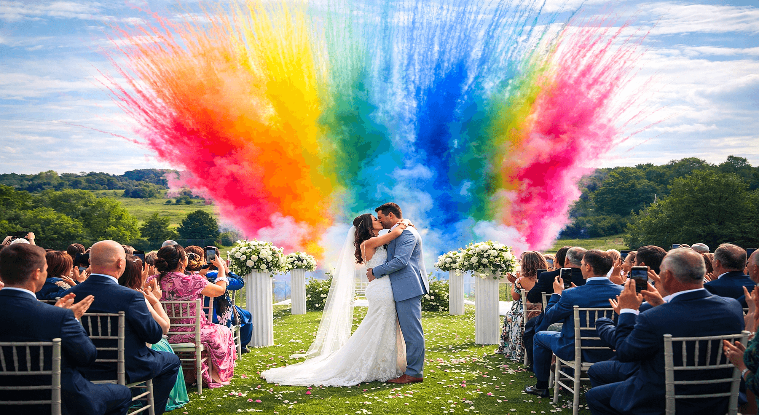 Smoke fireworks creating memorable and aesthetic wedding background