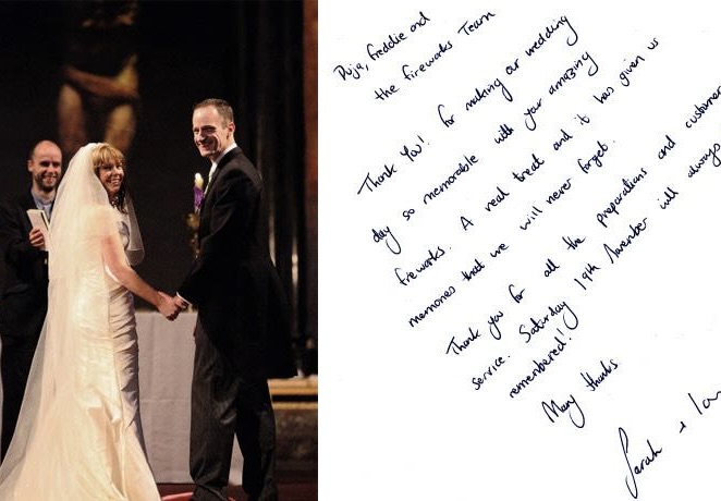 Wedding couple thank you note to The Fireworks Firm