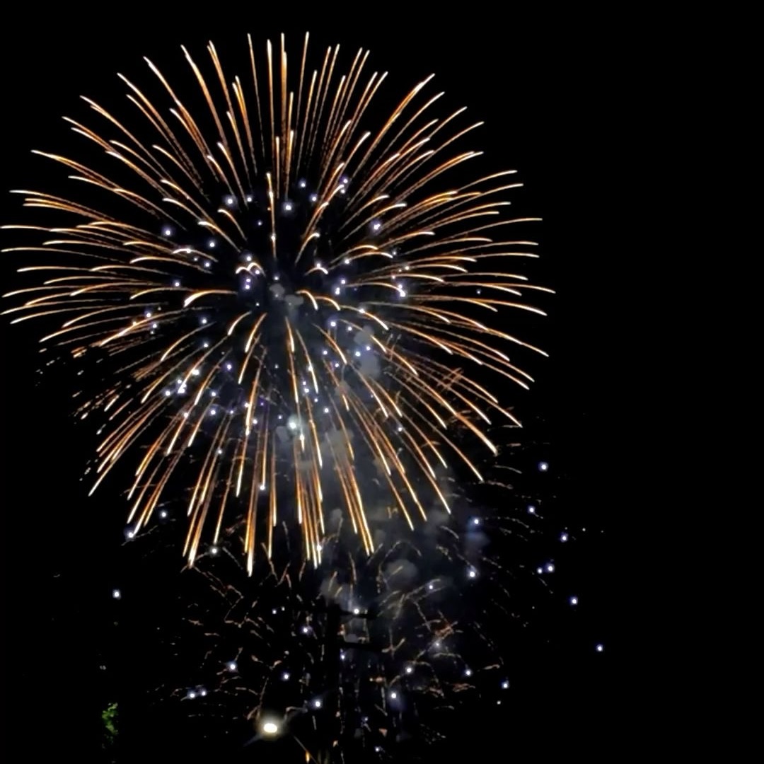 Golden fireworks burst against a dark night sky with sparkling white highlights.