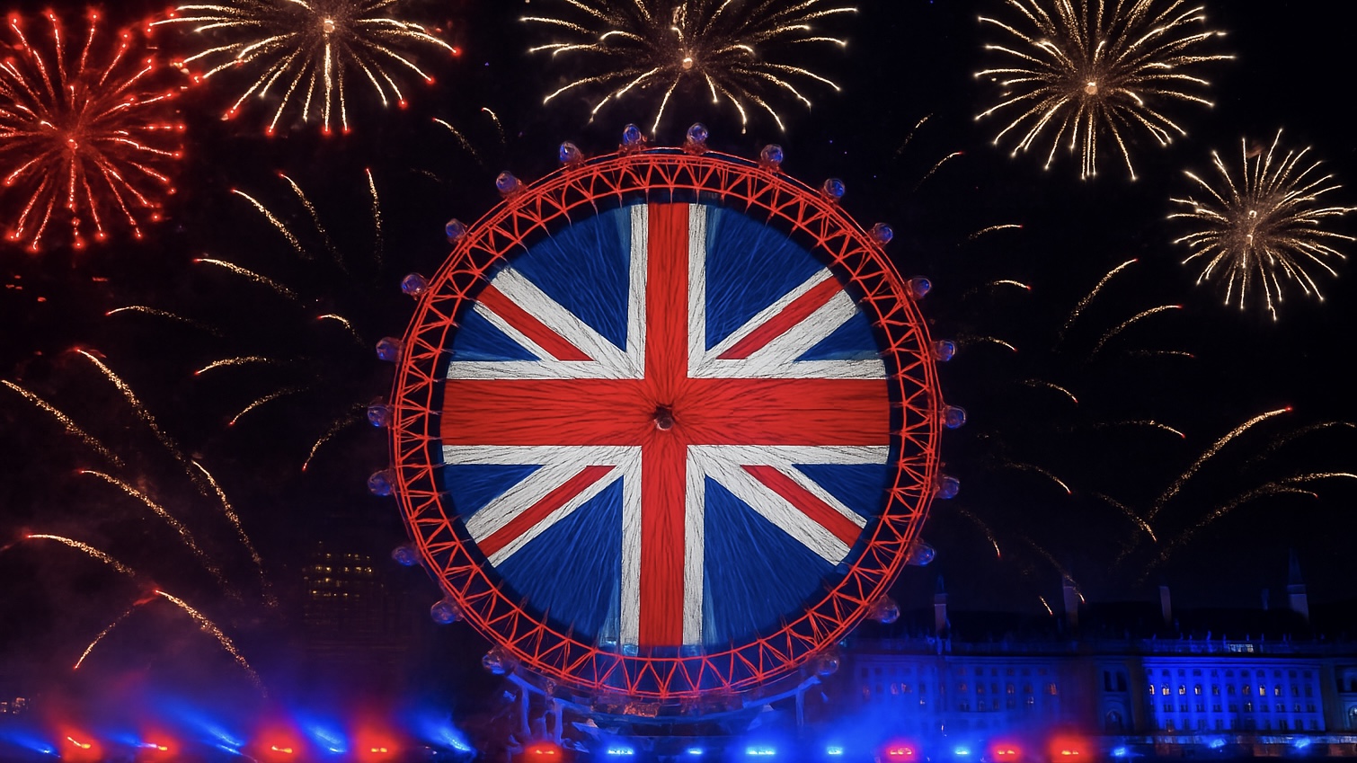 IMG_6512 Colorful fireworks burst over the London Eye during a special celebration.
