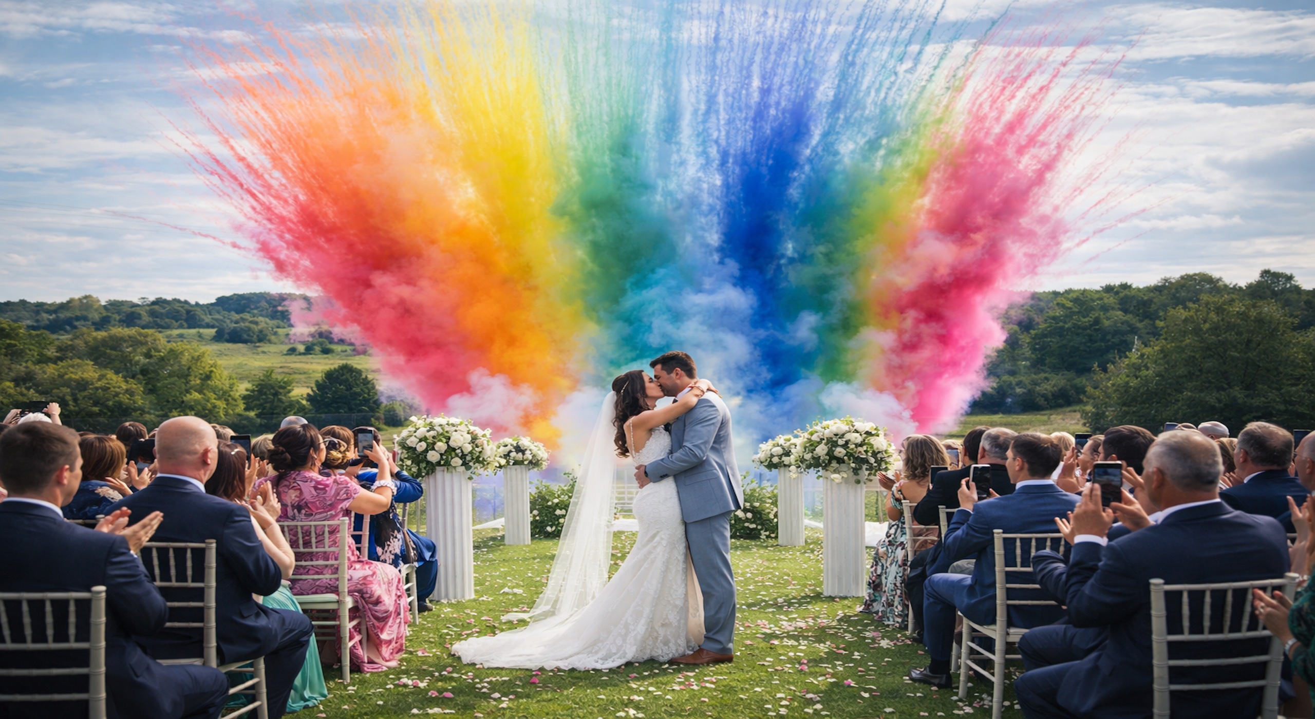 Smoke fireworks make wedding photo memorable and aesthetic