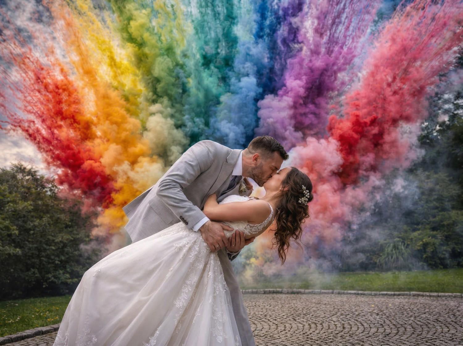 RAINBOWW Rainbow smoke mines create a mesmerizing wedding scene