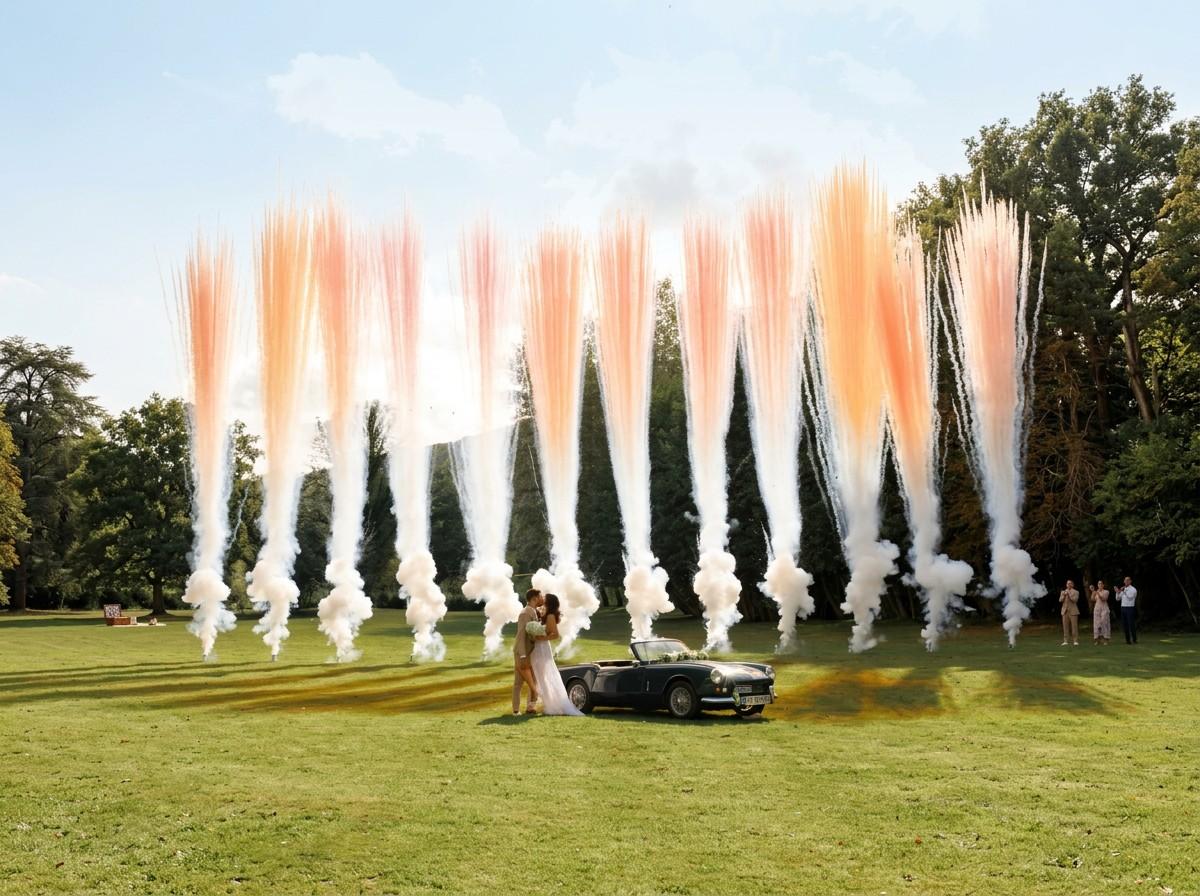 StraightFa Newlyweds pose by a car with rising smoke on their wedding day